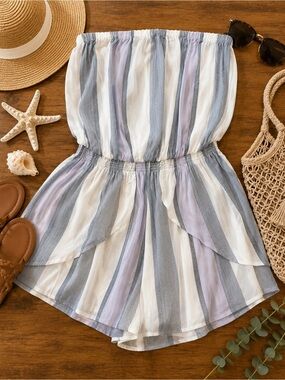 Ocean Drive Striped Strapless Smocked Waist Overlay Wrap Romper Sz S (g1)